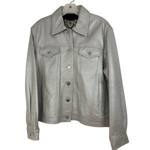 St John Silver Leather Western Jacket Italy Medium Size Button Closures RR10259